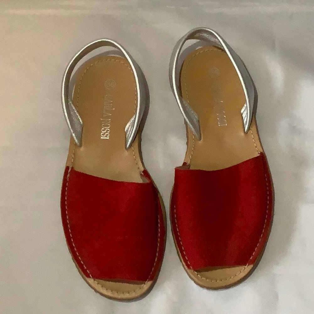 Carla Rossi Red Suede Slip On Sandals Silver Strap Made In Spain Size 36 EUC